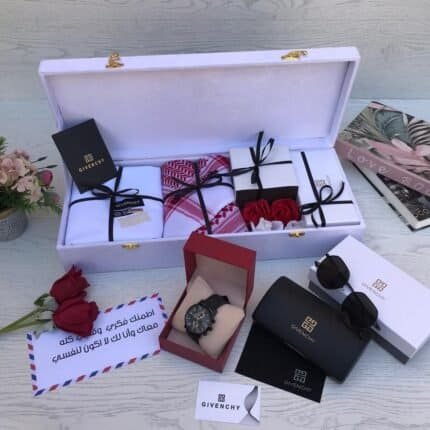 هدية للرجل طقم جيفنشي ، قماش ، شماغ ، ساعة ، نظارة شمسية رجالية ماركة