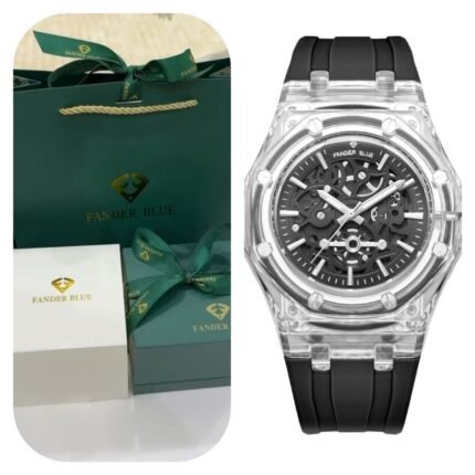 بوكس ساعة رجالية فاخرة من فندربلو بتصميم هوبلت شفاف مع علبة وكيس من نفس الماركة. هدية مثالية للرجال مع تغليف أنيق وتوصيل سريع داخل السعودية