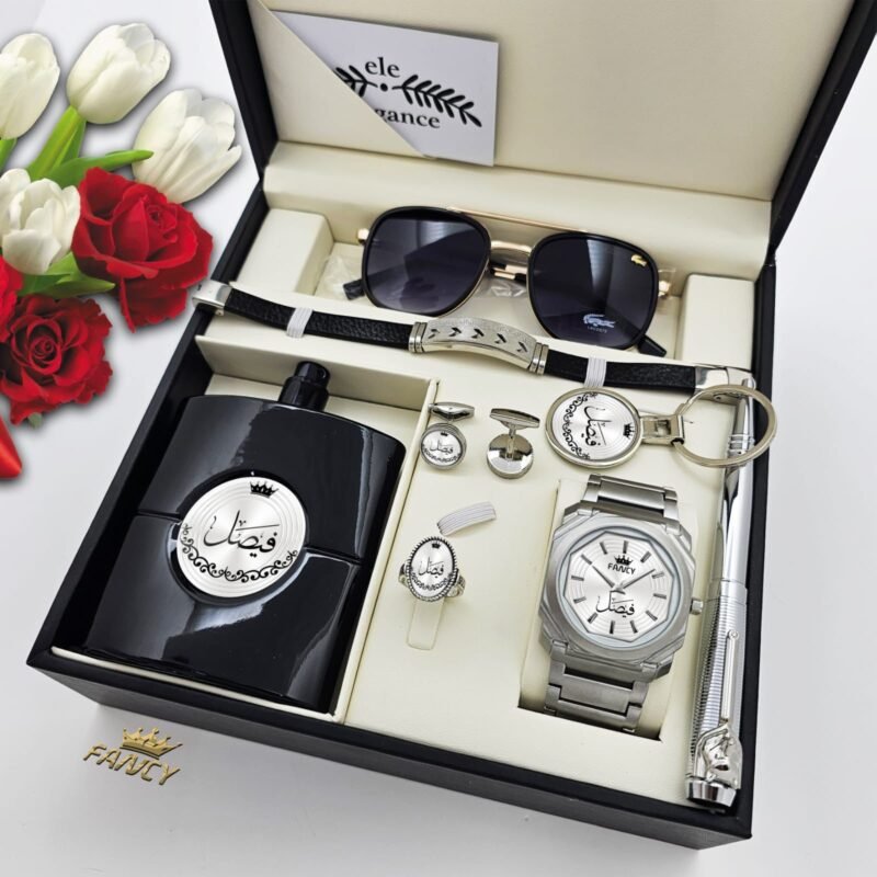 اهدِيه طقم هدية رجالي فاخر بالاسم والصورة مع ساعة ضد الماء وعطر 100مل ونظارة شمسية. كتابة عبارة حسب الطلب وتوصيل لباب البيت داخل السعودية