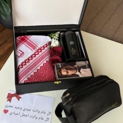 بوكس هدية عيد ميلاد رجالية فخم يحتوي على شماغ دانهل وعطر 100 مل ومبخرة إلكترونية وشنطة سوداء