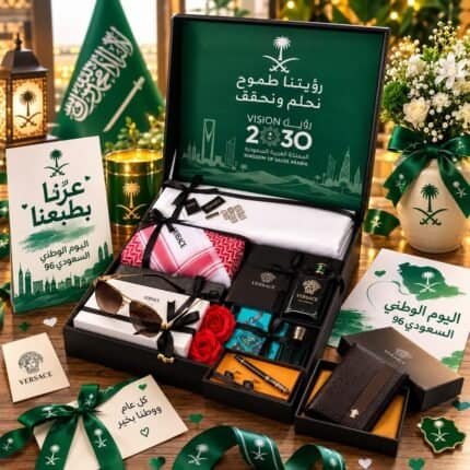 هدايا اليوم الوطني السعودي 96 للزوج والرجل داخل بوكس رجالي فاخر يضم شماغًا وقماش ثوب وساعة وعطرًا ومحفظة ونظارة وقلمًا وكبكًا، جاهز للإهداء.