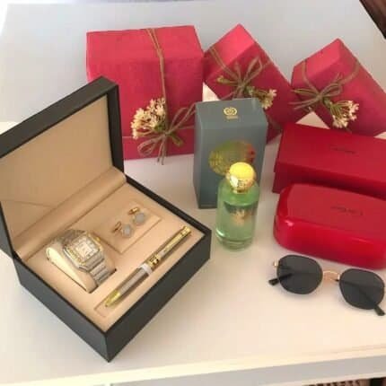 هدية للزوج بوكس رجالي فاخر مع ساعة وعطر وقلم وكبك ونظارة شمسية وجاهز للإهداء
