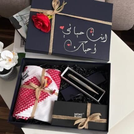 هدايا رجالية للزوج مع شماغ أحمر وأبيض ونظارة شمسية وقلم بتغليف فاخر
